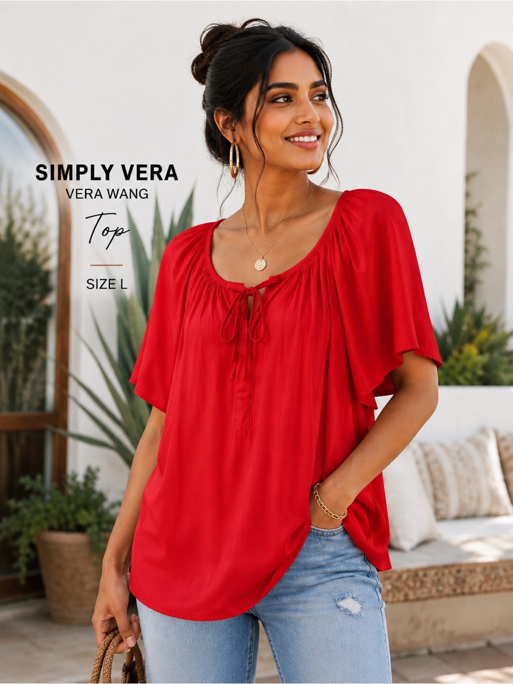 Simply Vera Vera Wang Red Flutter Sleeve Tie Neck Blouse Top Size L